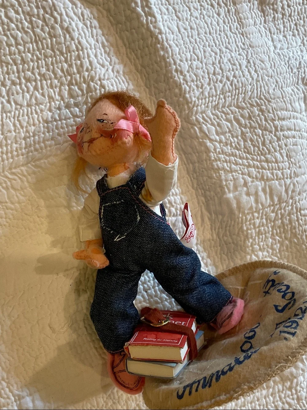 Annalee Doll with Pink Bows, Blonde Hair and Denim Dress